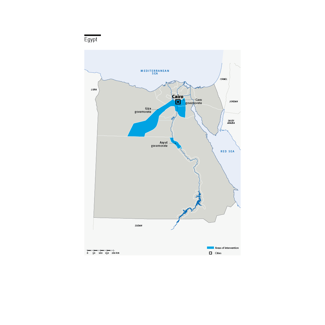 Kaart met geografische dekking van activiteiten HI in Egypte