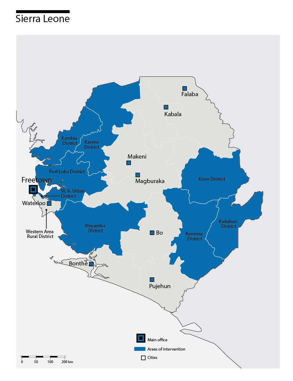 Kaart van HI-interventies in Sierra Leone