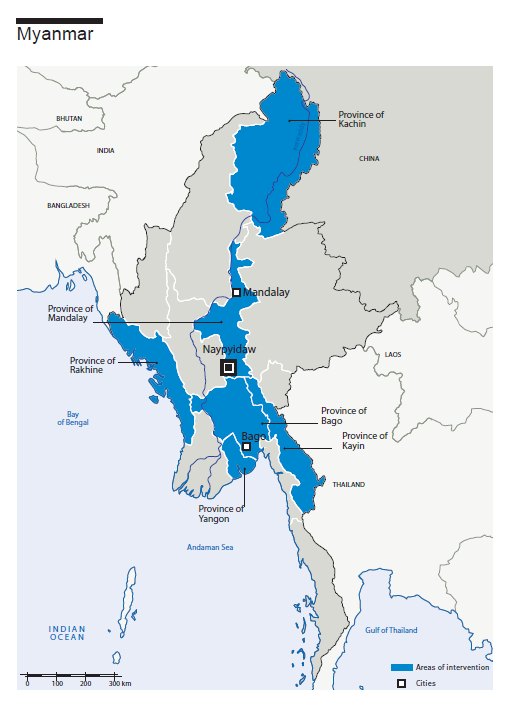 Kaart van HI-interventies in Birma
