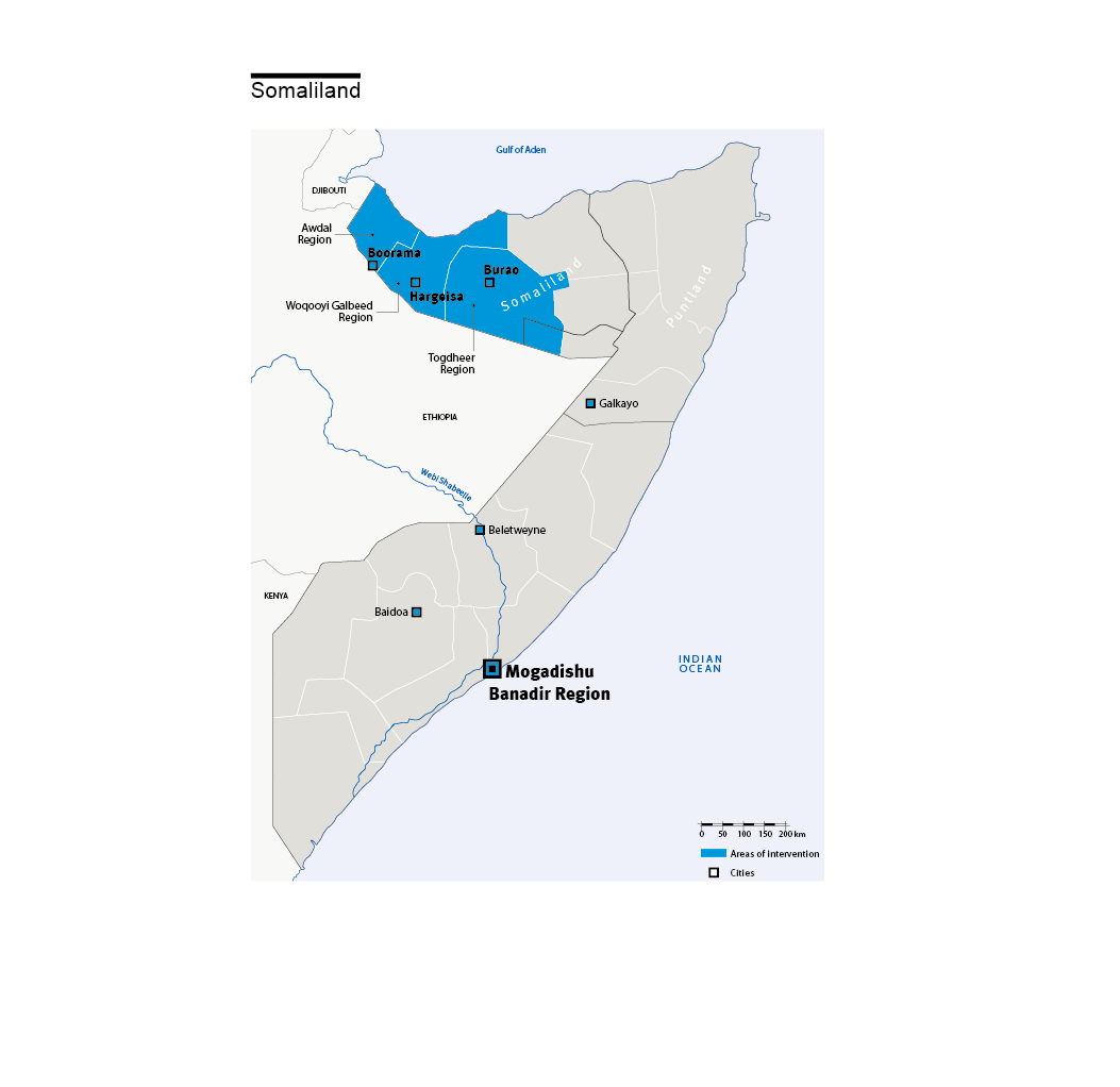 Kaart van HI-interventies in Somalië