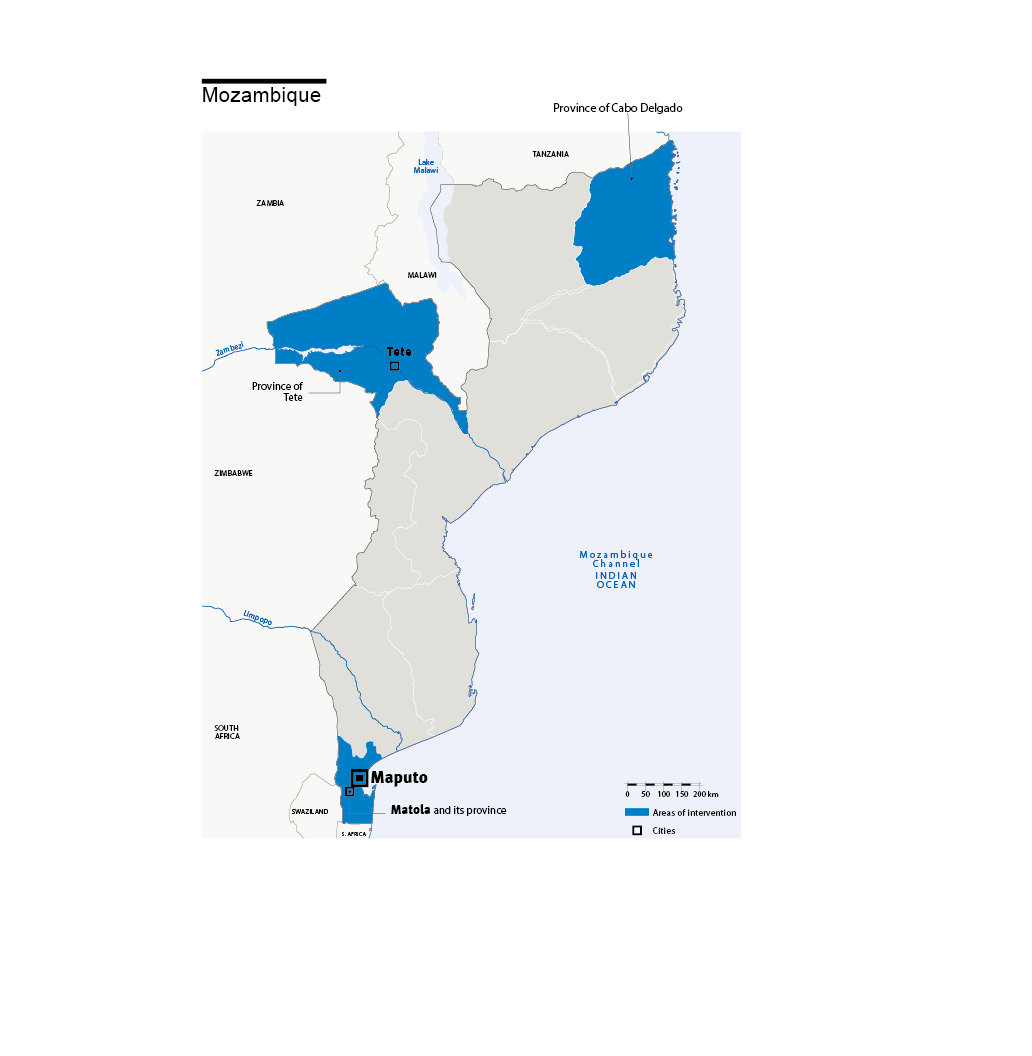 Kaart van HI-interventies in Mozambique