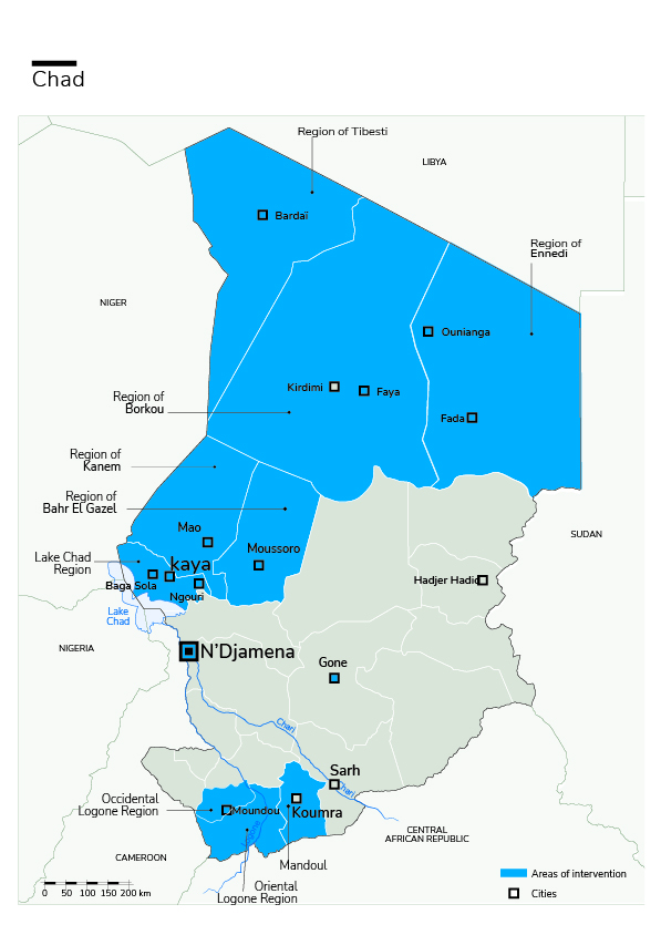 Kaart van HI-interventies in Tsjaad