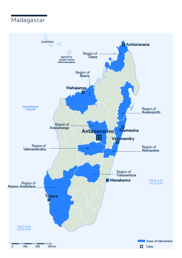 Kaart met geografische dekking van activiteiten HI in Madagaskar