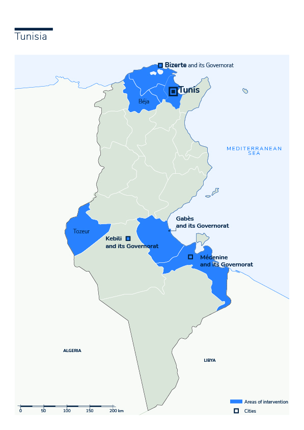Kaart van HI-acties in Tunesië
