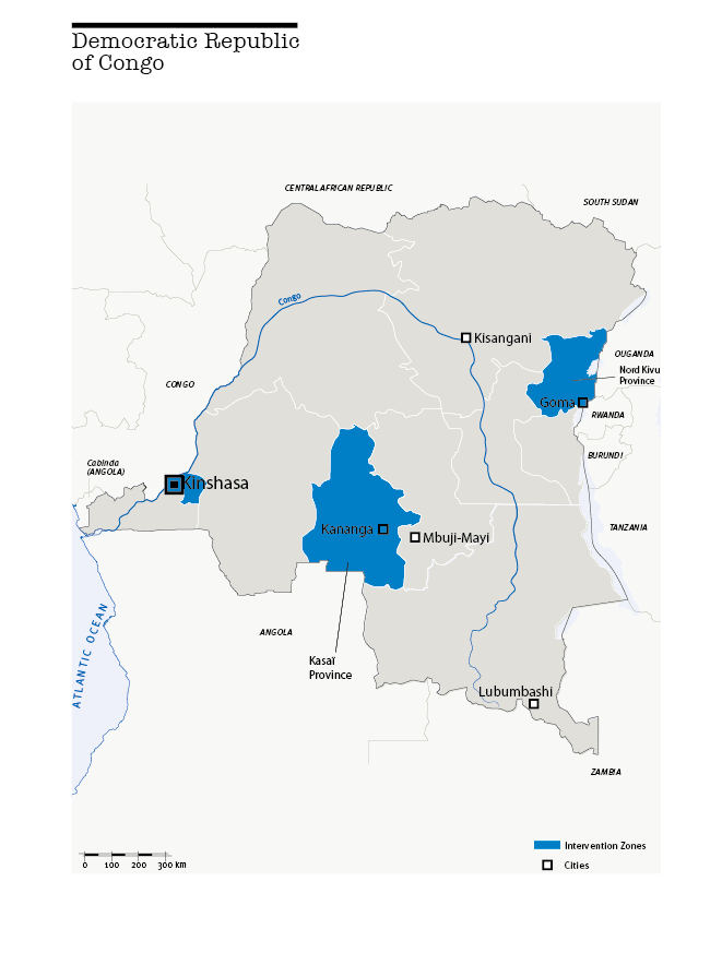 Kaart van HI-interventies in de DRC