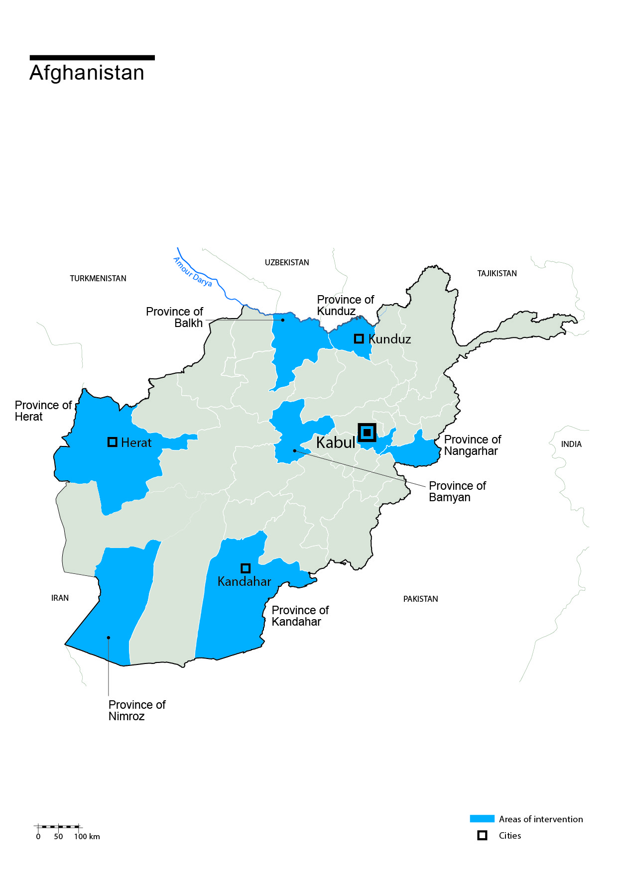 Kaart van HI-acties in Afghanistan
