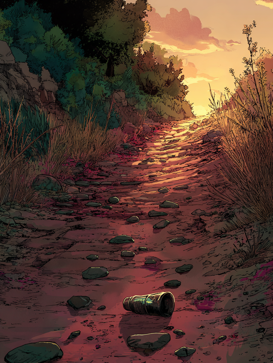 Een zandpad midden in een veld. Er ligt een metalen voorwerp op het pad.