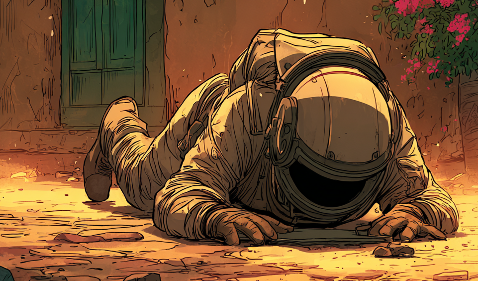 L’un des démineurs, en tenue de protection lourde, à plat ventre sur le sol pour déminer