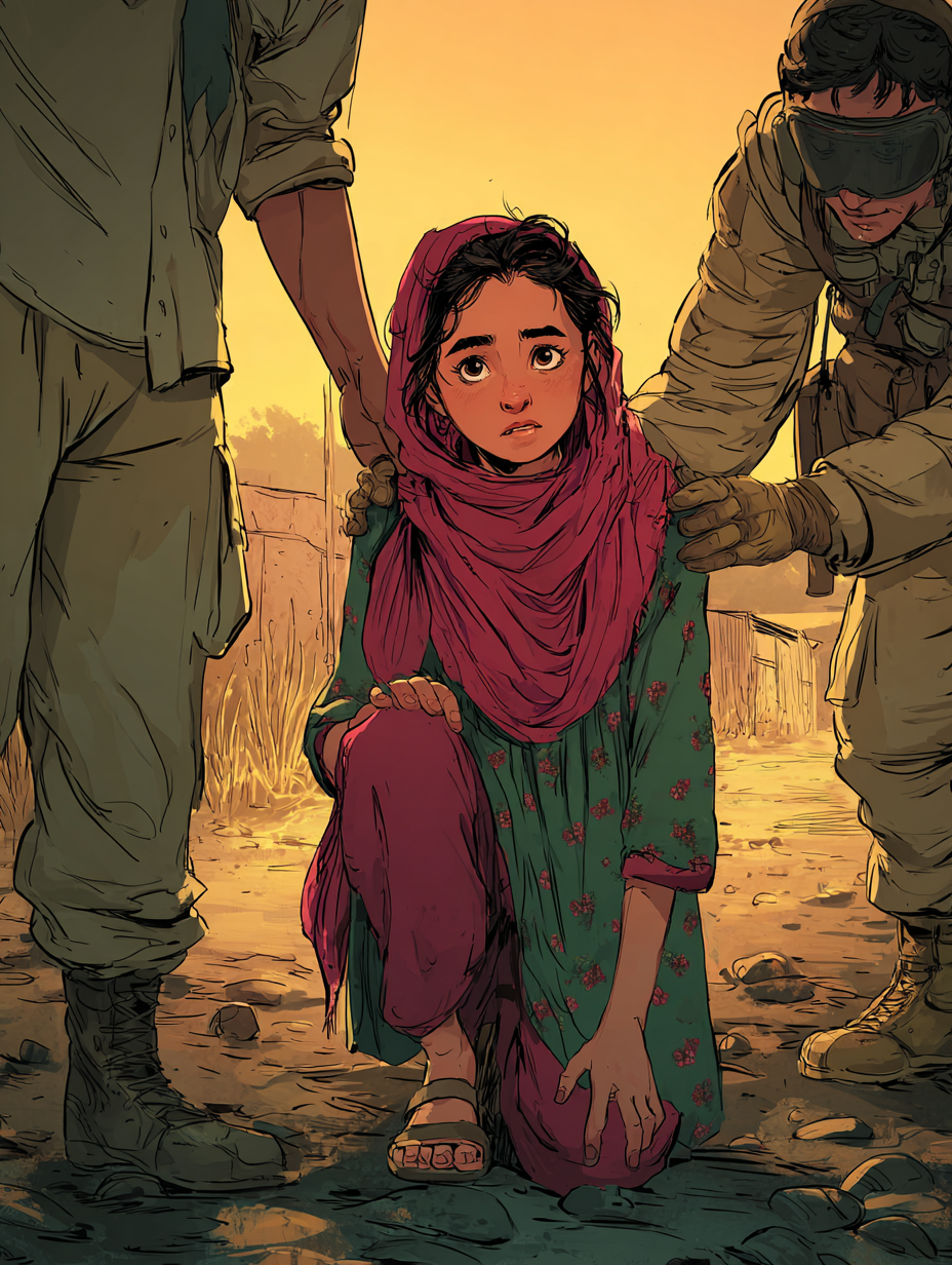 Aïda, un genou au sol, soutenue par deux démineurs.