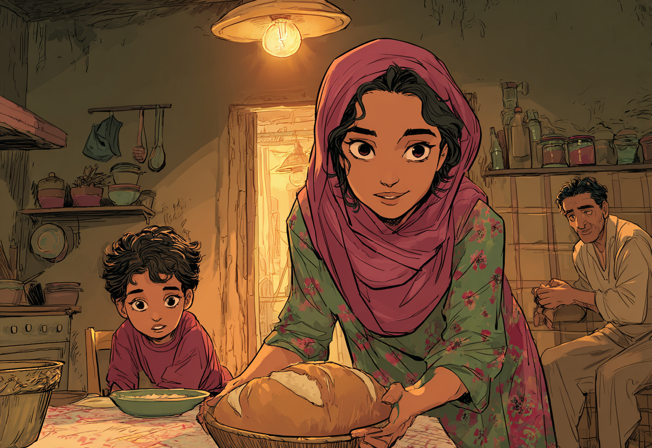 Aïda zet het brood glimlachend op de keukentafel. Haar kleine broertje leunt over de tafel. Hun vader staat op de achtergrond.