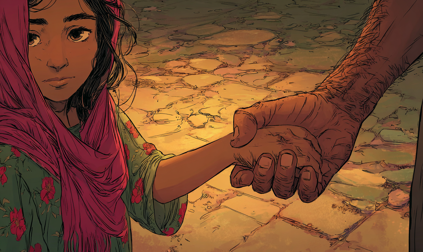 Aïda, l'air abattu, tient la main de son papa.