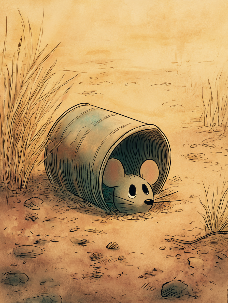 Een open blikje dat op de grond is achtergelaten. Het kopje van een schattig muisje steekt uit het blikje. 