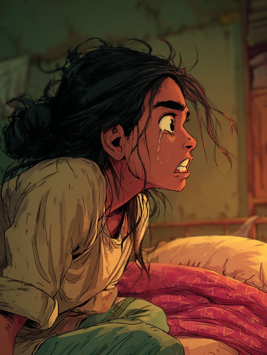 Aïda assise sur son lit, en pleurs après un cauchemar