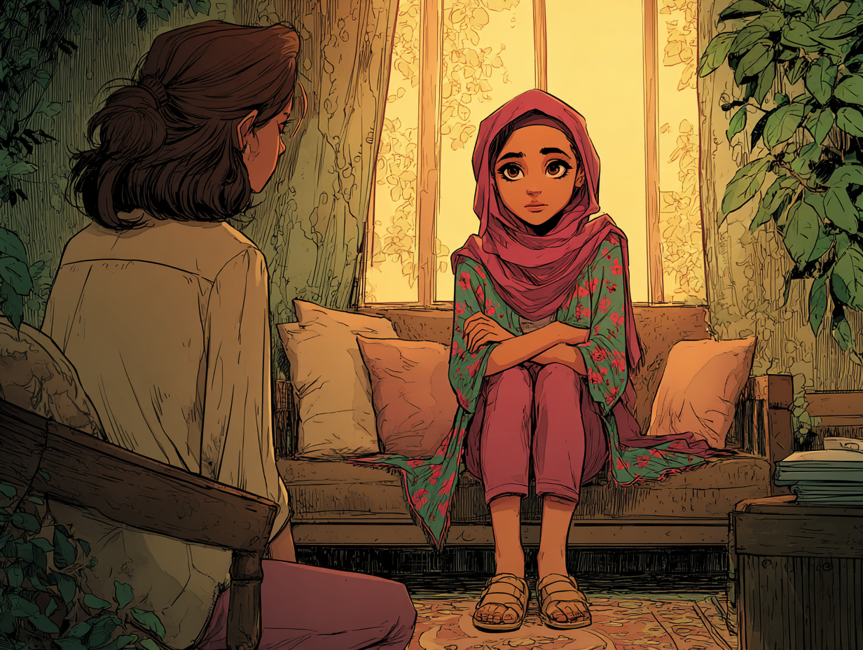 Aïda est assise sur un canapé, les bras croisés posés sur ses genoux. Une femme, psychologue, est assise devant elle, un peu sur le côté.