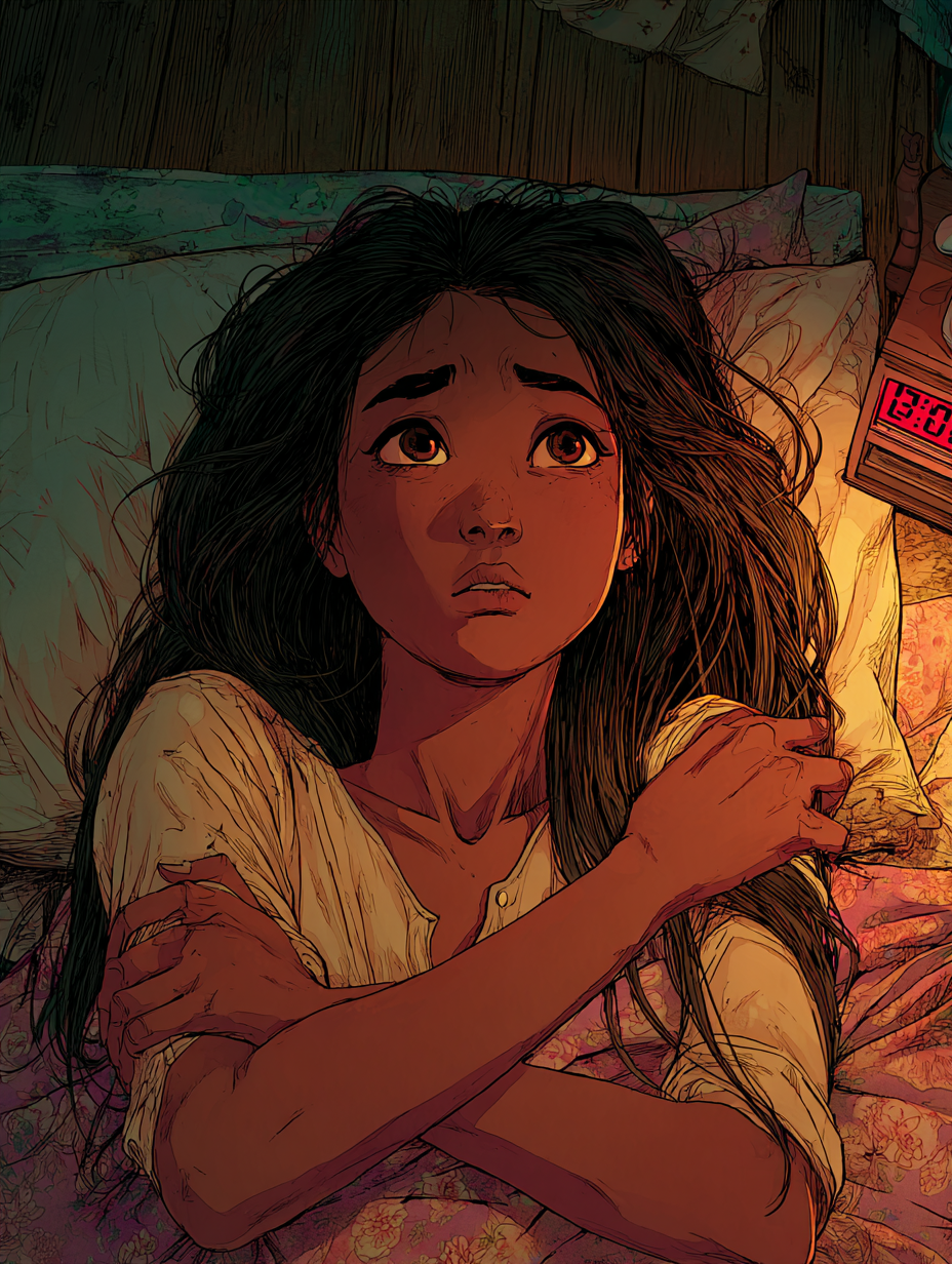 Aïda ligt in bed, met haar ogen wijd open en haar armen over haar borst gekruist.