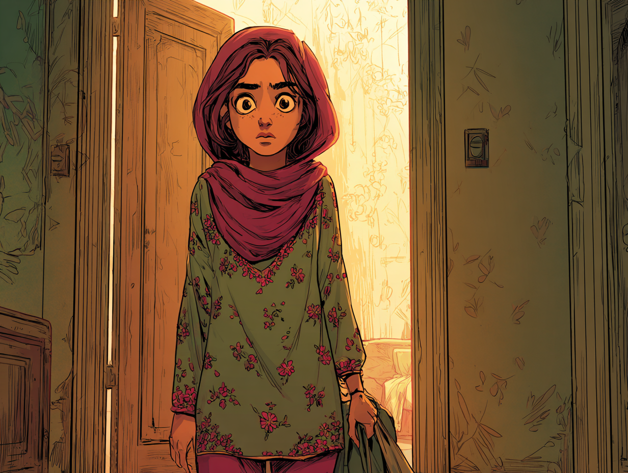 Aïda staat in een gang, voor een open deur.