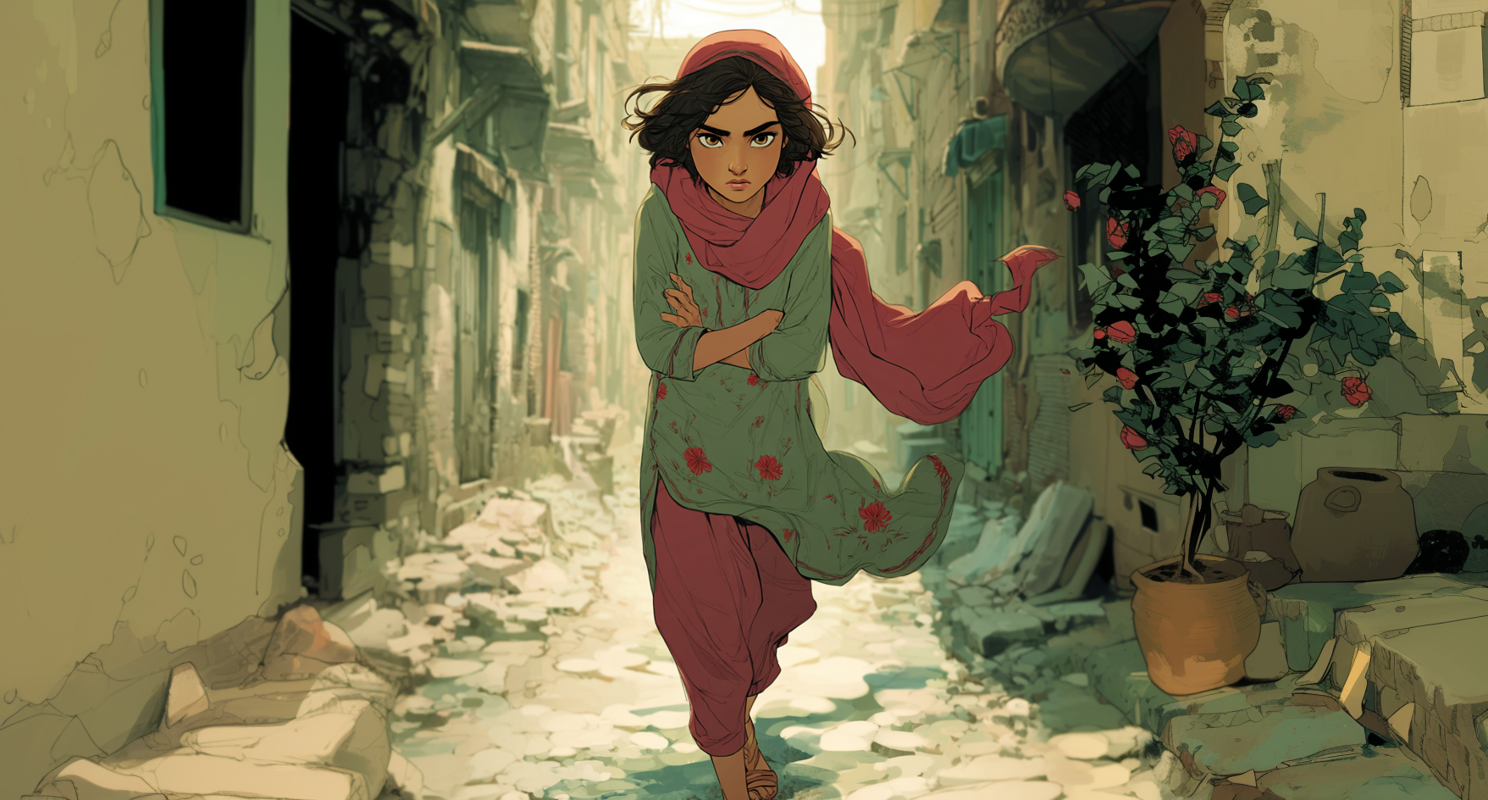 Aïda loopt snel. Ze kijkt recht voor zich uit met een boze blik en houdt haar armen gekruist tegen haar borst.