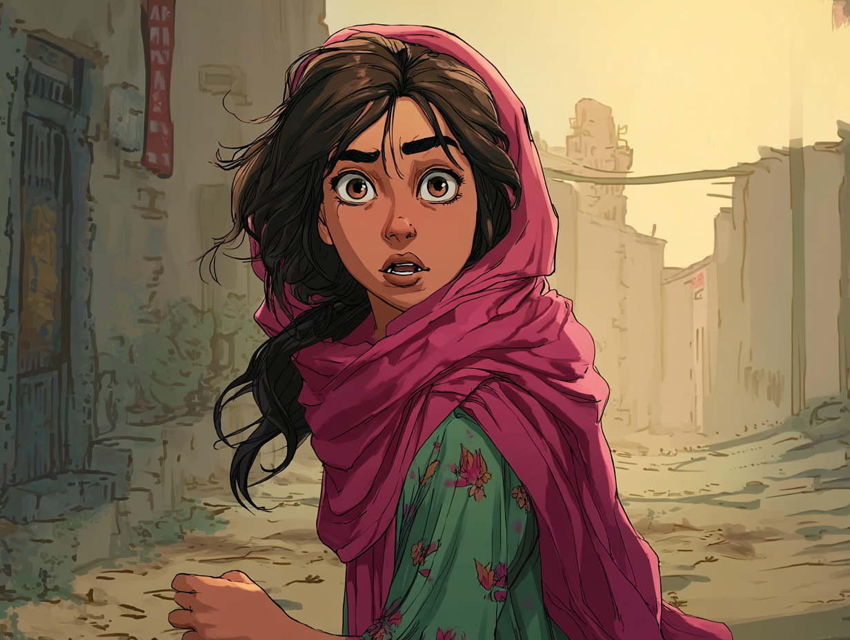 Aïda staat in een straat, draait zich om en kijkt achter zich.