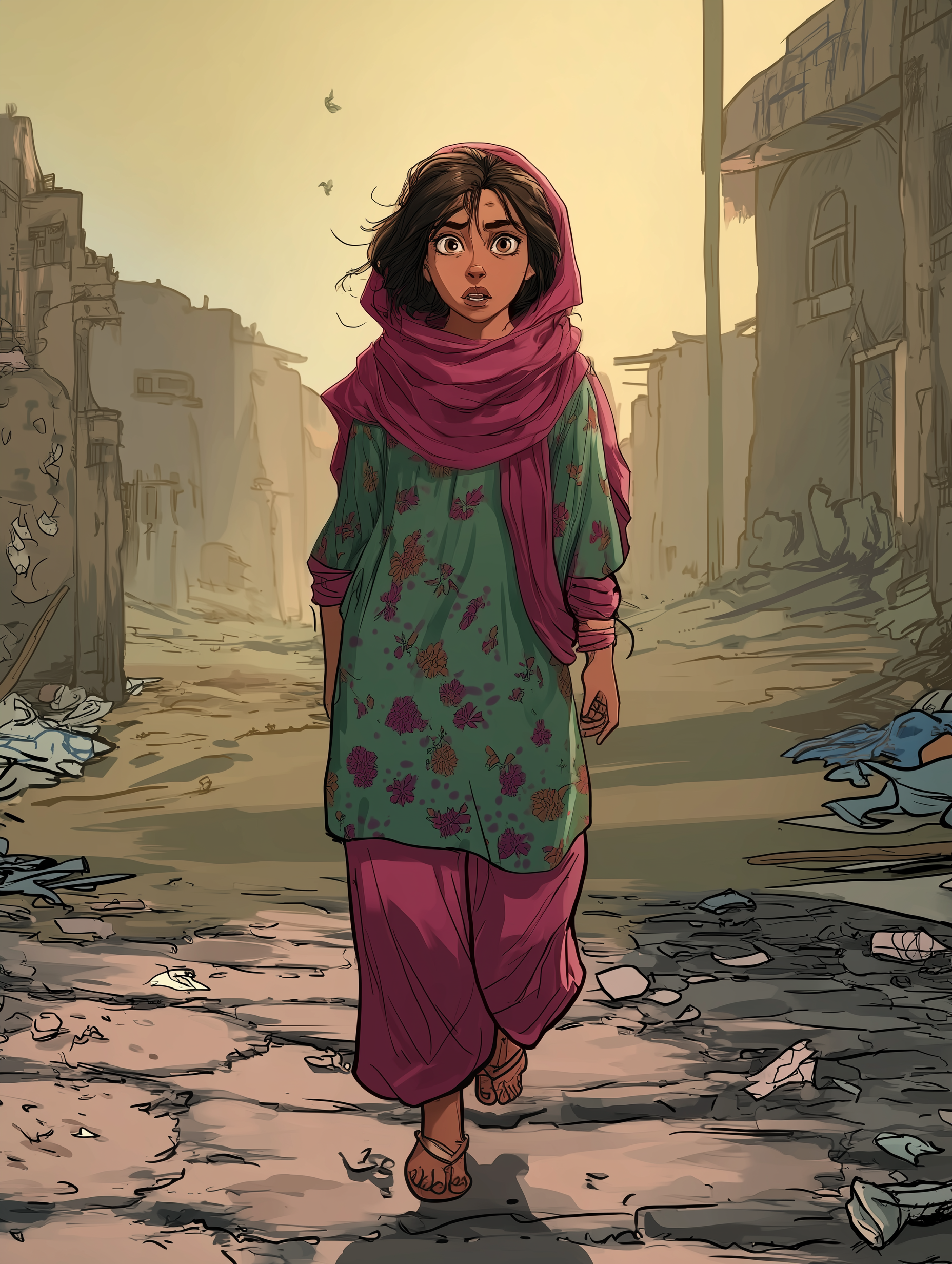 Aïda marche calmement au milieu d'une route en terre