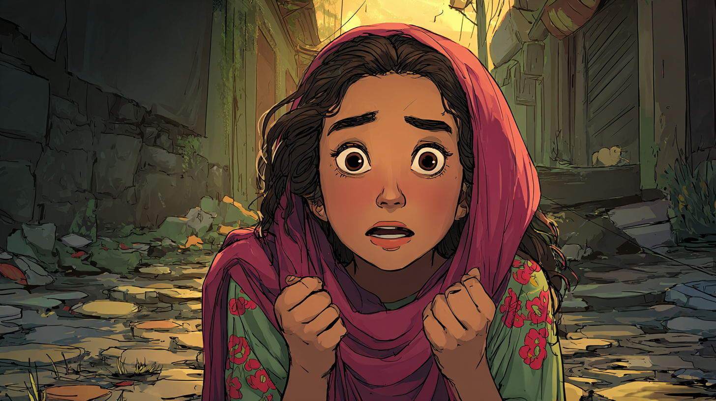 Aïda a l'air pétrifiée par la terreur qui lui serre le ventre. Elle a les yeux écarquillés et les poings serrés.