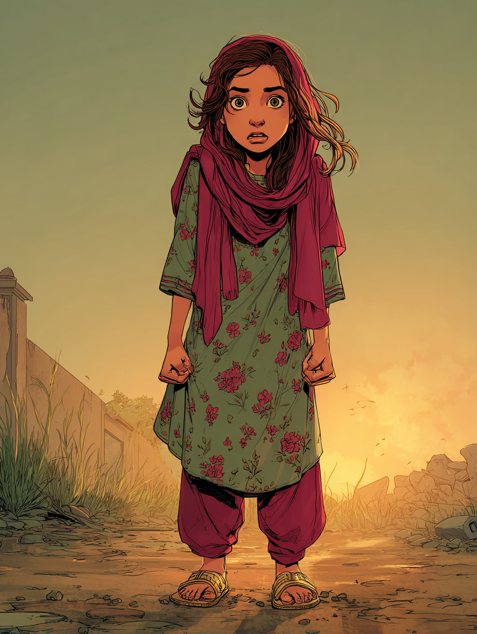 Aïda staat daar, met gebalde vuisten, bang. Een zacht briesje waait enkele haarlokken op die onder haar frambozenkleurige sluier vandaan zijn gekomen.