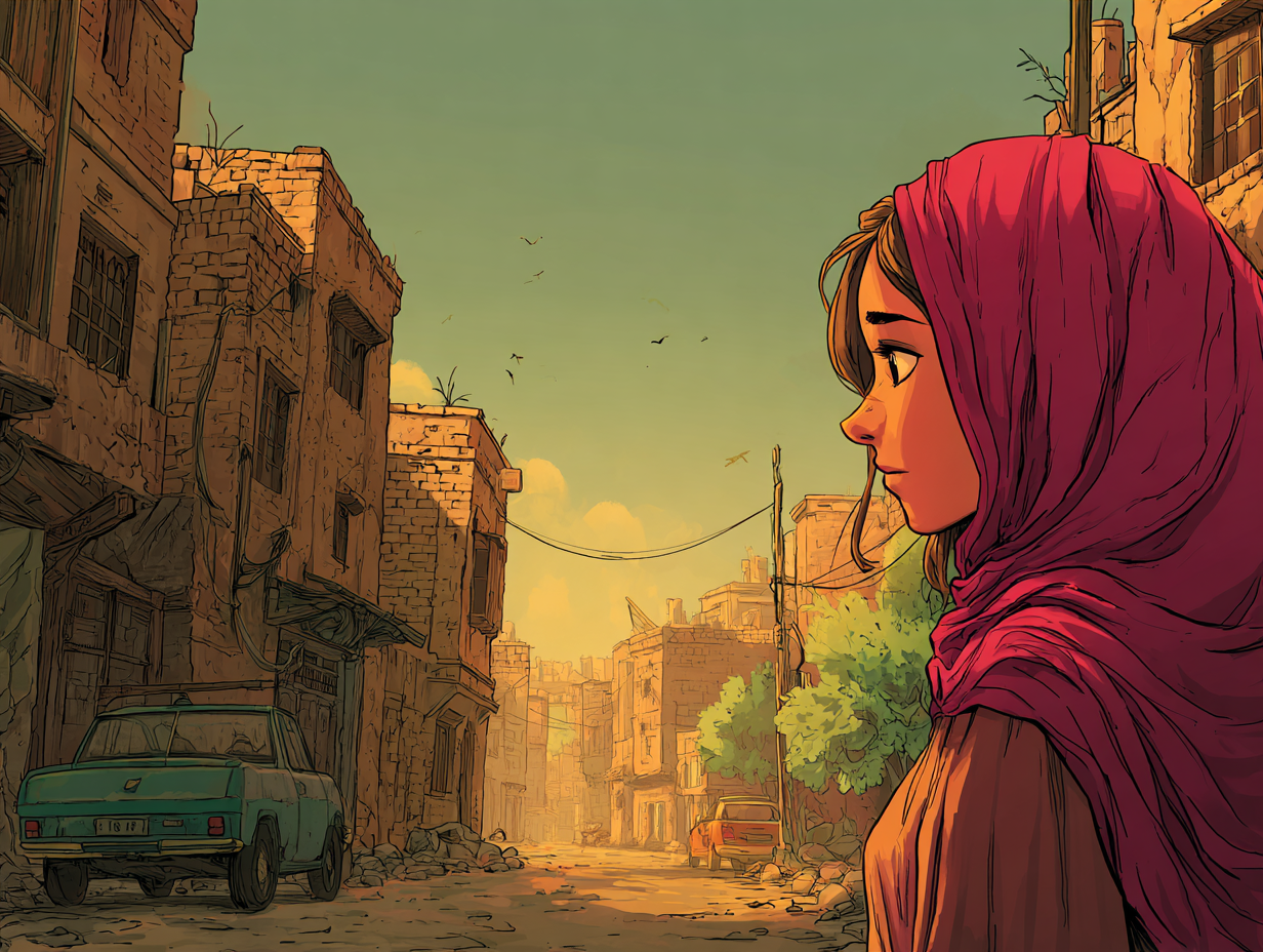 Aïda à droite de l'image regarde une rue pour un autre itinéraire. Une voiture bleue est garée devant une des maisons.