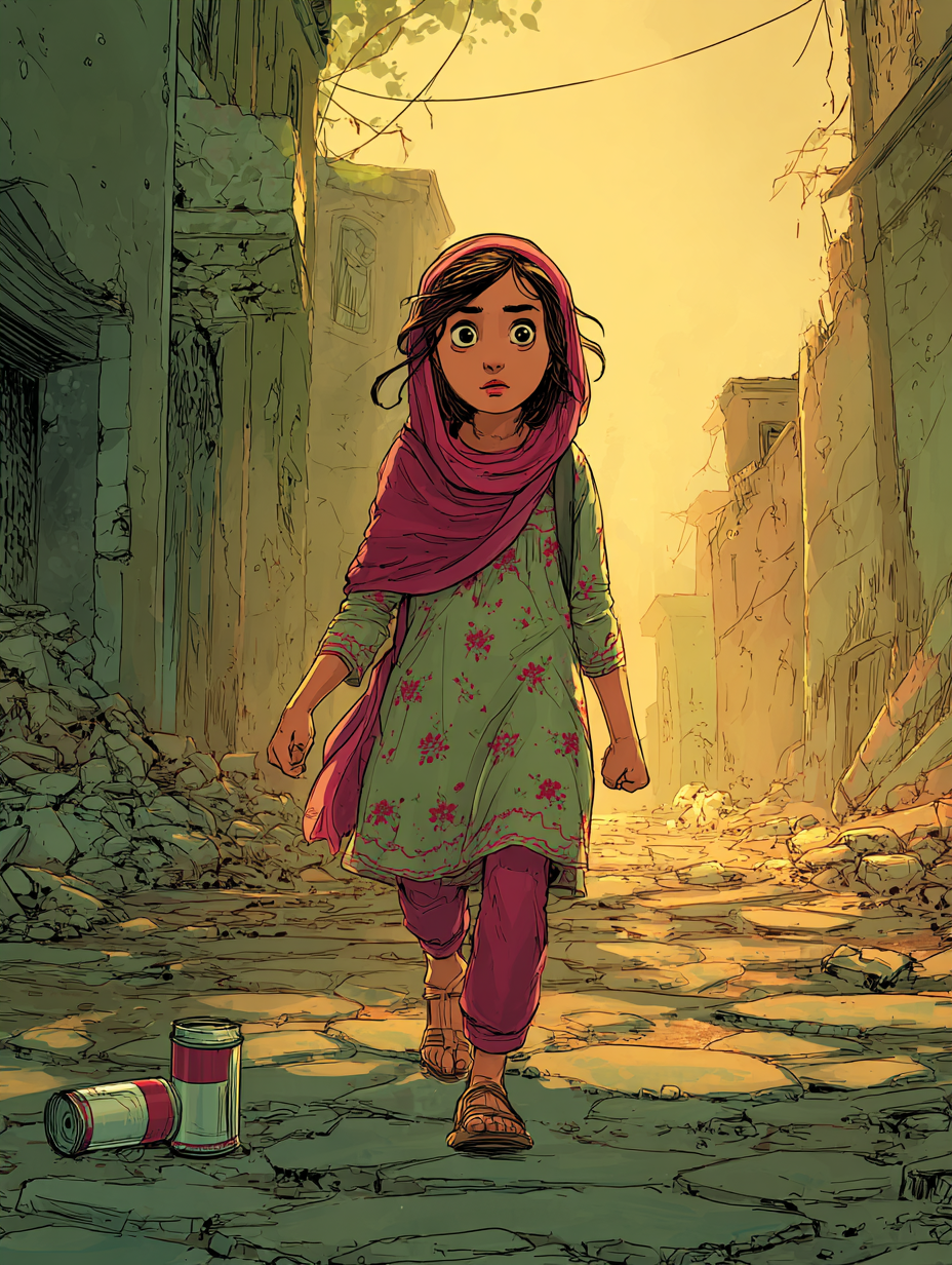 Aïda marche au milieu de la rue, l'air angoissé