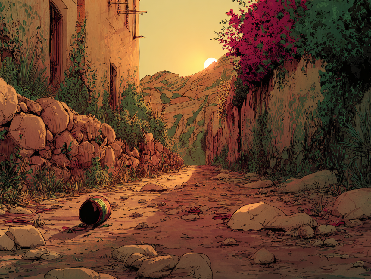 Un chemin, un objet en métal se trouve au milieu