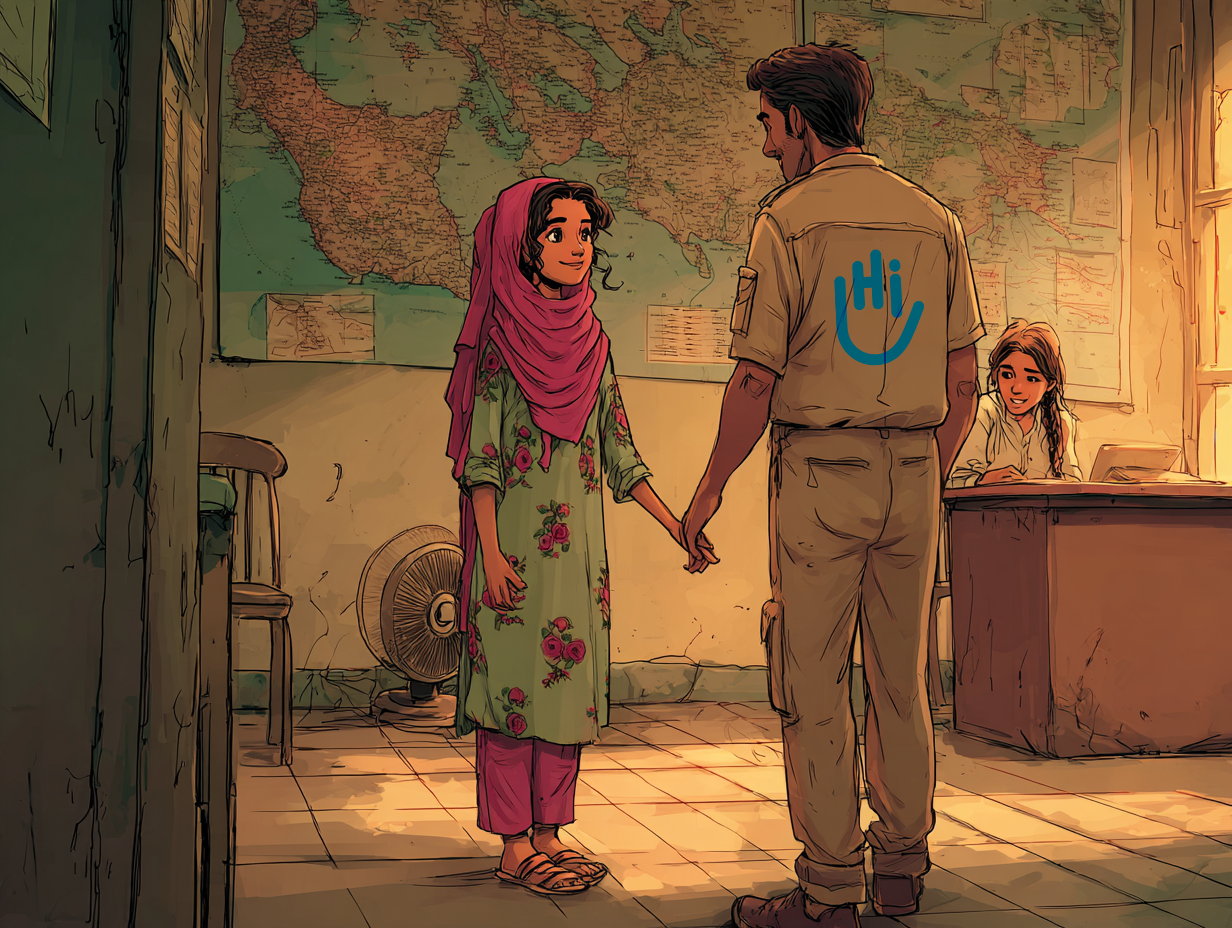 Aïda praat met een man in een kantoor. Op de rug van haar overhemd is het logo van Handicap International te zien. Op de achtergrond zit een vrouw achter een bureau en kijkt hen glimlachend aan.