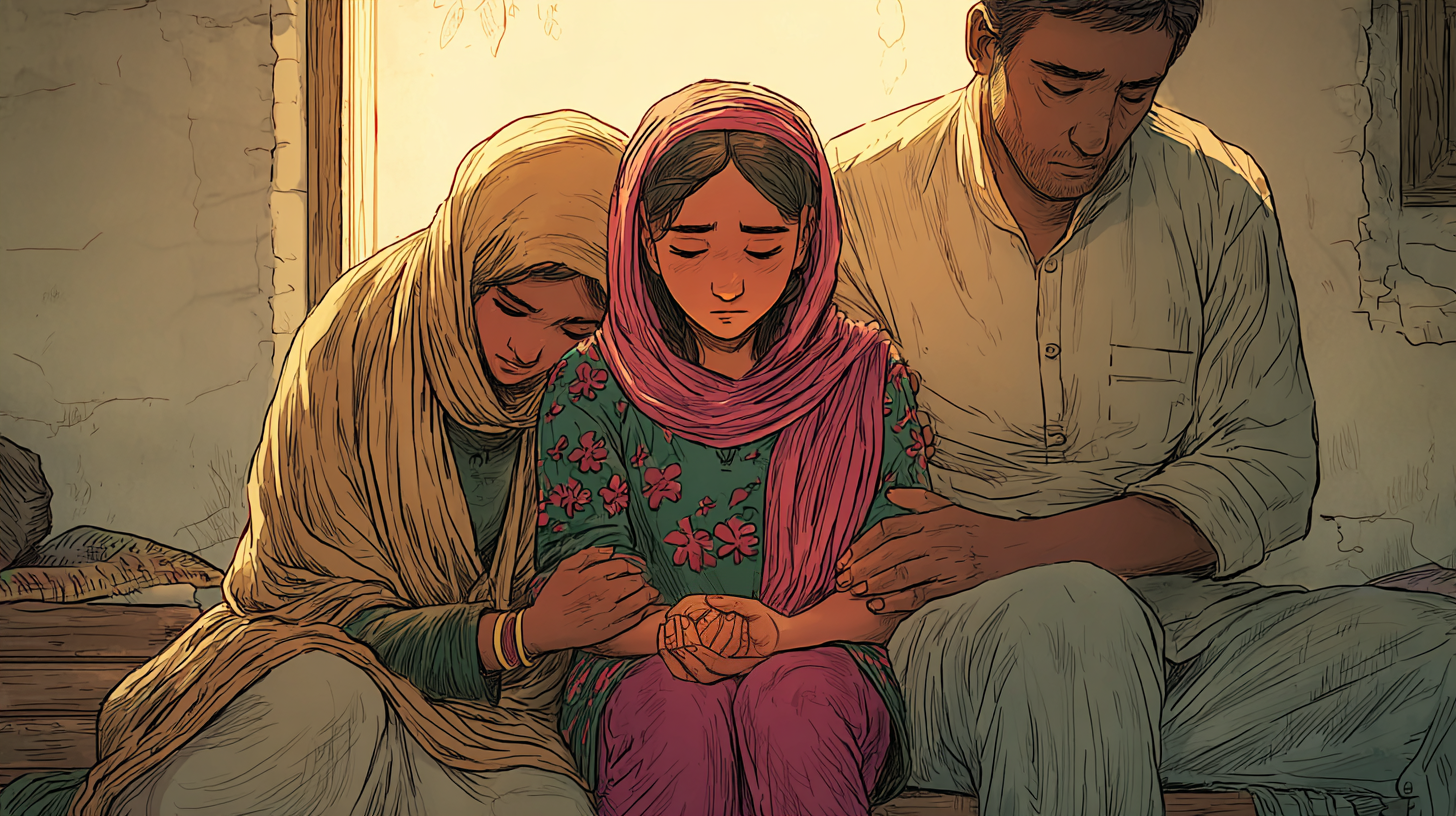 Aïda assise au milieu de ses parents. Tous ont la tête baissée, l'air triste.