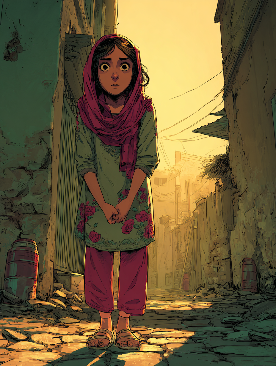 Aïda debout dans la rue, plongée dans ses pensées.