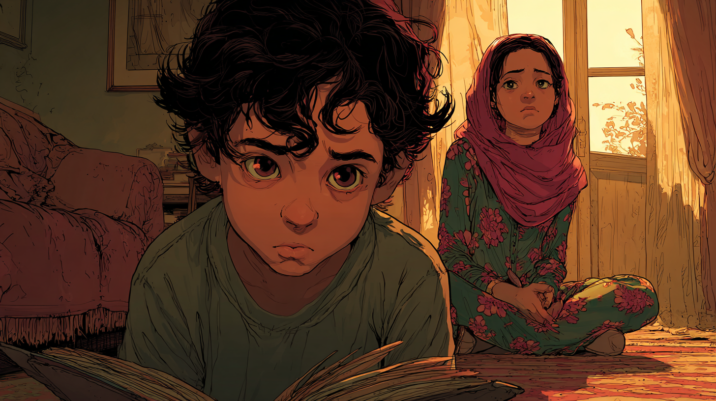 Aïda assise en tailleur près d'une fenêtre de sa maison. Elle regarde son petit frère à l'avant-plan.