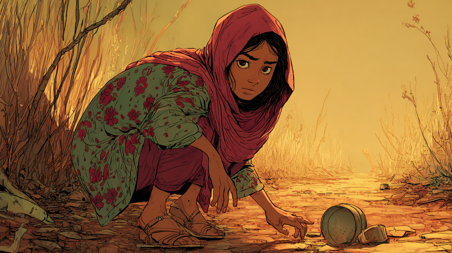 Aïda zit gehurkt en kijkt naar een blikje dat op de grond is achtergelaten.