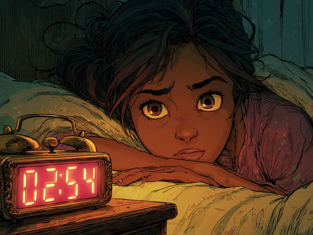 Aïda en pleine nuit regarde son réveil qui marque 02h54.