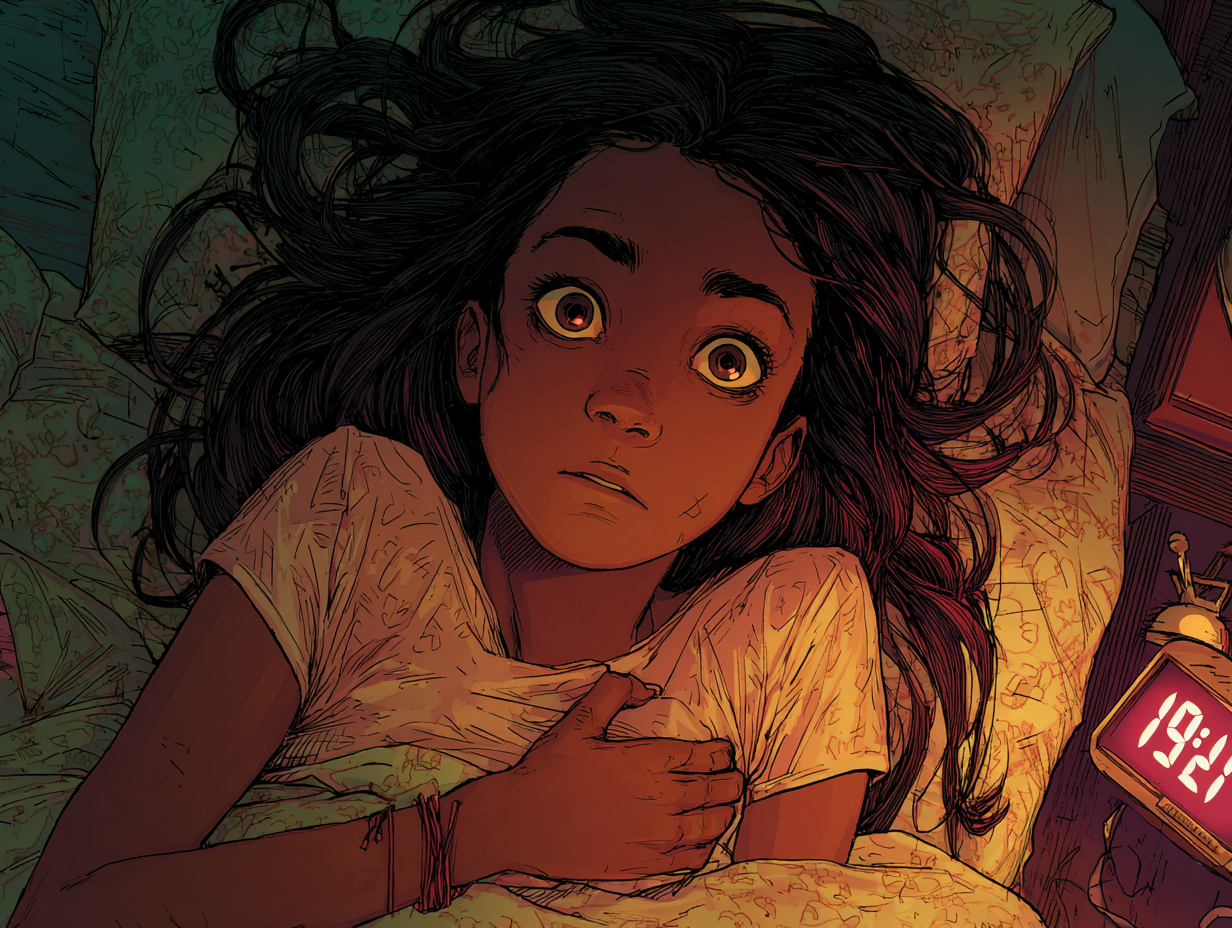 Close-up van Aïda, liggend in haar bed, met wijd open ogen.