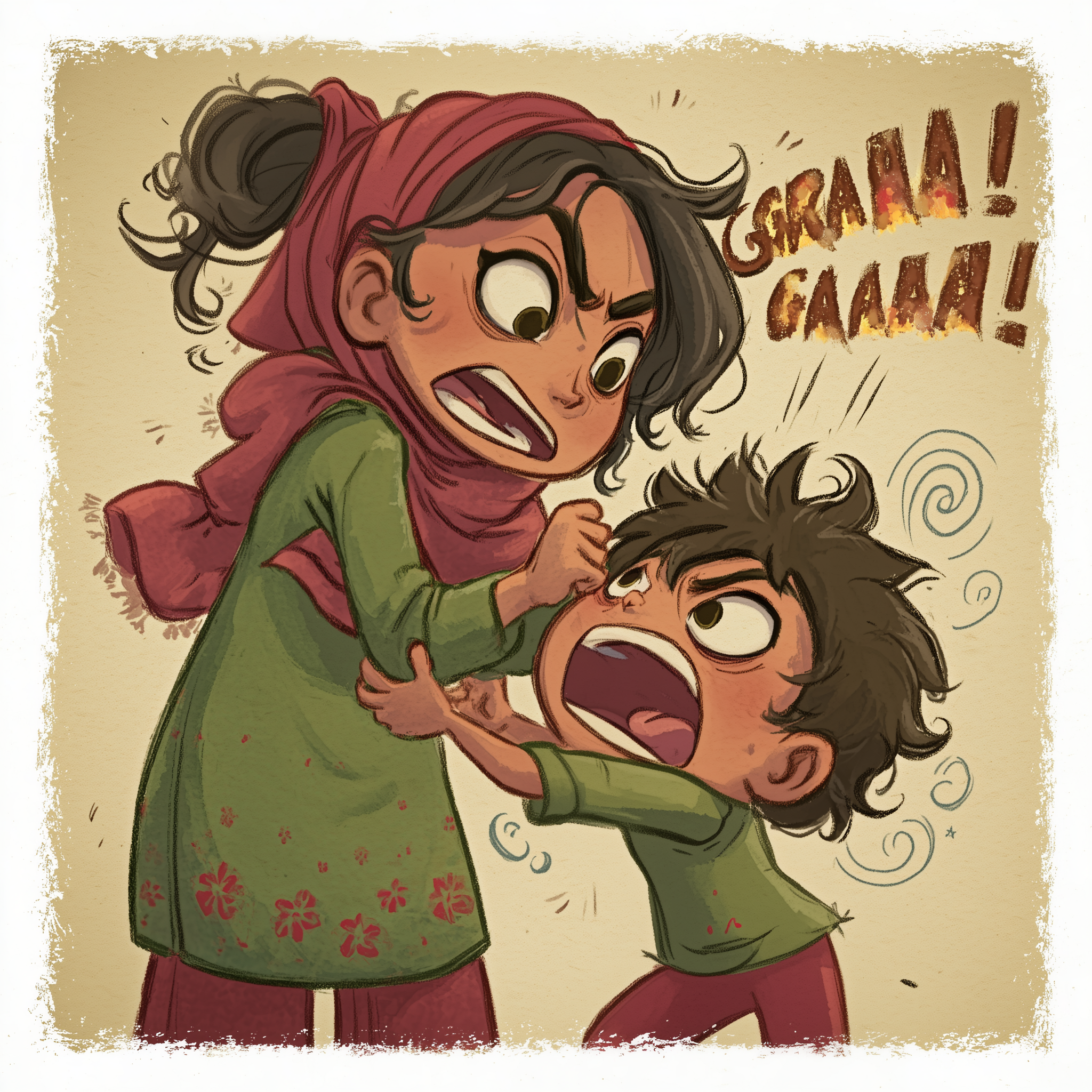 Grappige afbeelding van Aïda’s gedachten: ze is boos en schudt haar kleine broertje heen en weer.