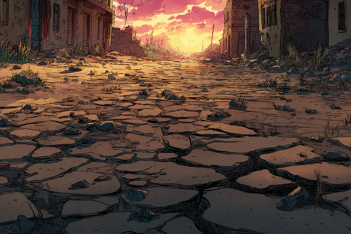 Le chemin est craquelé par la chaleur. De petites herbes folles et déchets abandonnés jonchent la voie. Au loin, le soleil est sur le point de se coucher.