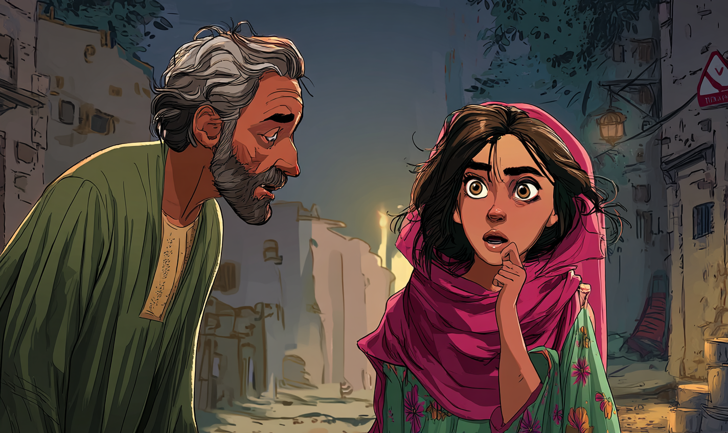 Momo, een oude man met een baard en wit haar, buigt zich naar Aïda toe om met haar te praten.