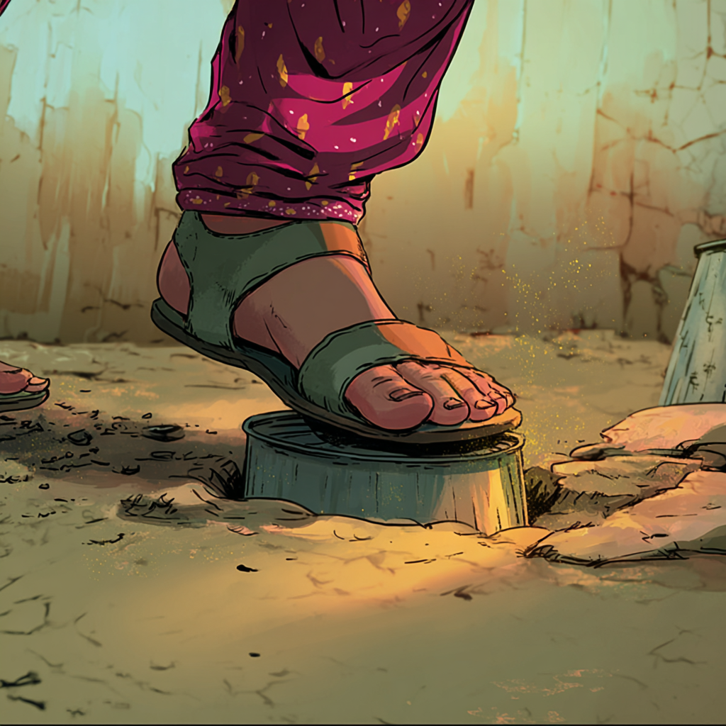 Image en gros plan sur le pied de Aïda, posé sur un objet cylindrique en métal qui est en grande partie enfoui dans la terre.