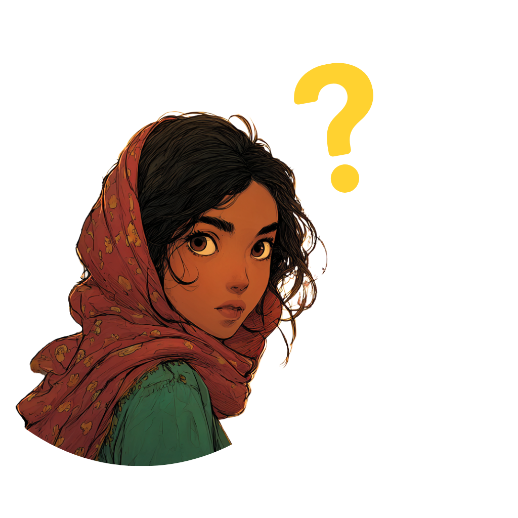 Portrait de Aïda (dessin), une ado de 12 ans, avec de longs cheveux bruns. Elle porte une écharpe rouge sur la tête.