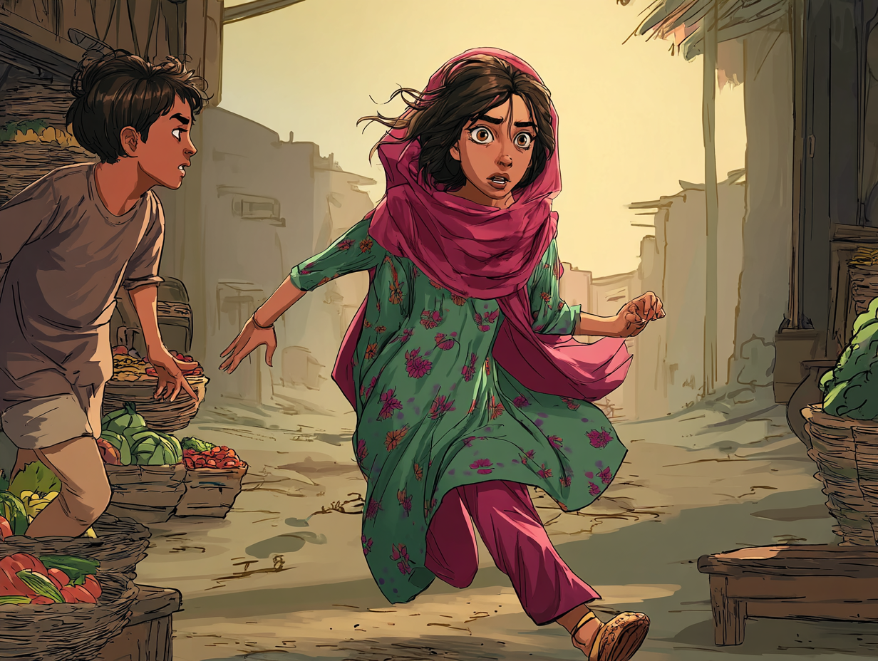 Aïda rent tussen kraampjes met groenten en fruit door. Rechts van haar staat een jongen.