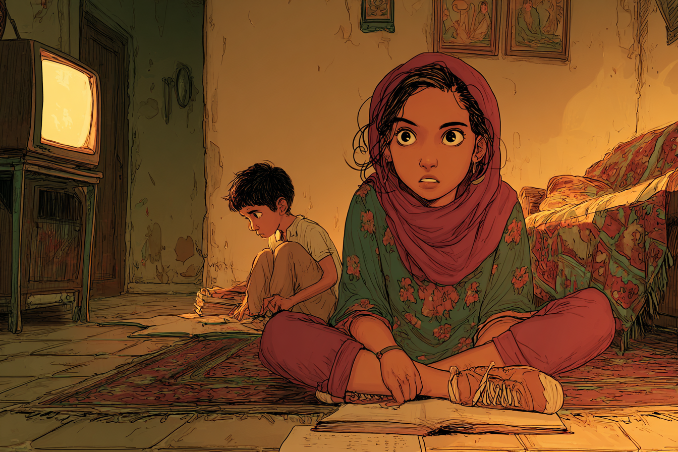 Aida zit in de woonkamer op de grond voor de bank een boek te lezen. Haar kleine broertje speelt op de achtergrond. De televisie staat aan.