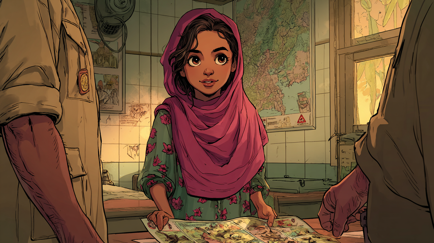 Aïda staat in het kantoor en kijkt glimlachend naar de mensen. Ze heeft de informatiebrochure voor zich opengevouwen.