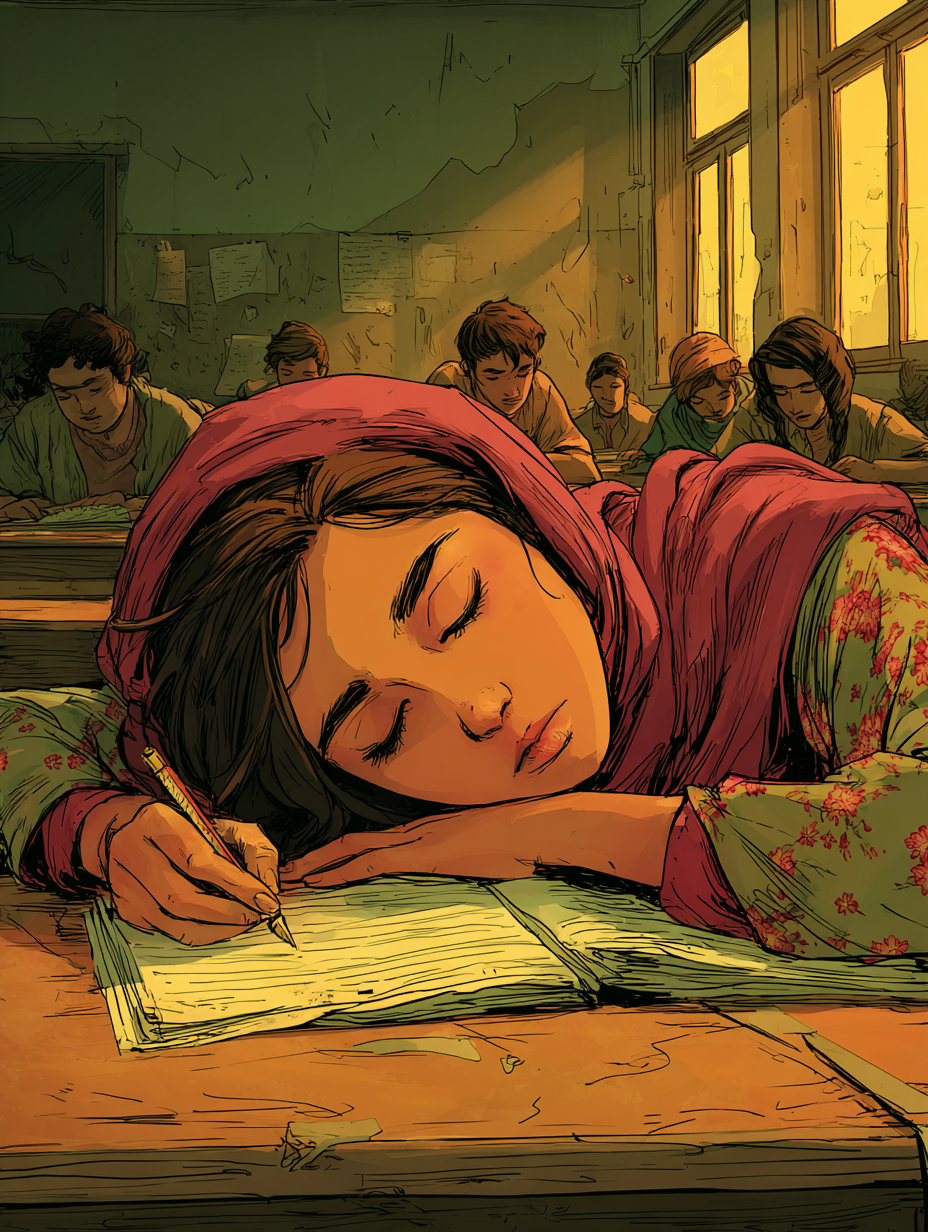 Aïda en classe, endormie sur son cahier, le stylo à la main.
