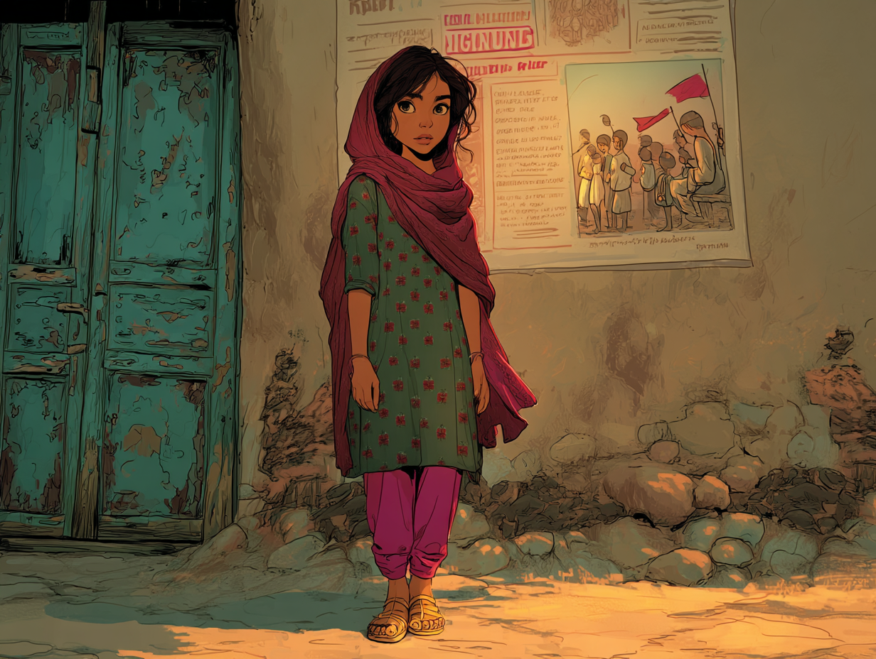 Aïda, debout devant une maison. Une affiche est placardée derrière elle.