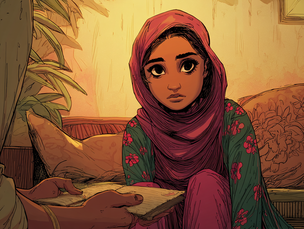 Aïda est assise sur un canapé. Des mains de femmes lui tendent un cahier ouvert.