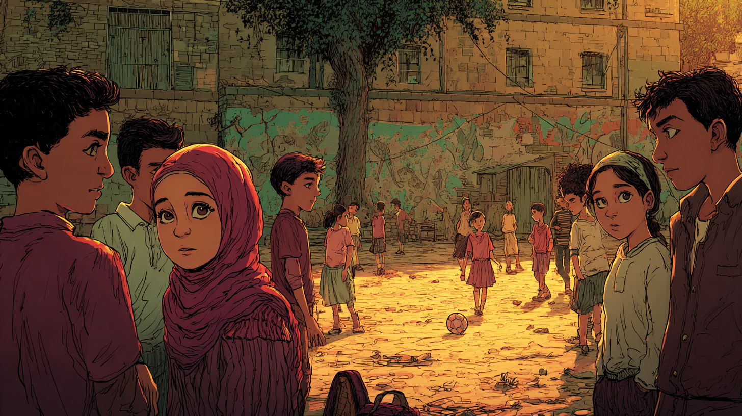 Kinderen spelen op een speelplaats. Midden op de achtergrond duwt een klein meisje een bal voort.