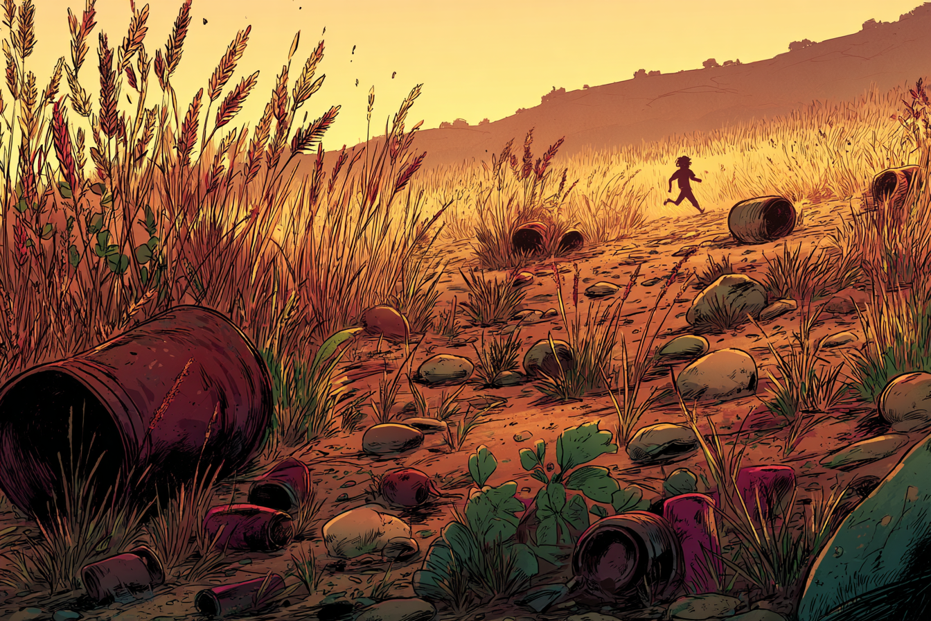 Een veld met rijp graan. Op de voorgrond een blikje. Op de achtergrond rent een figuur.