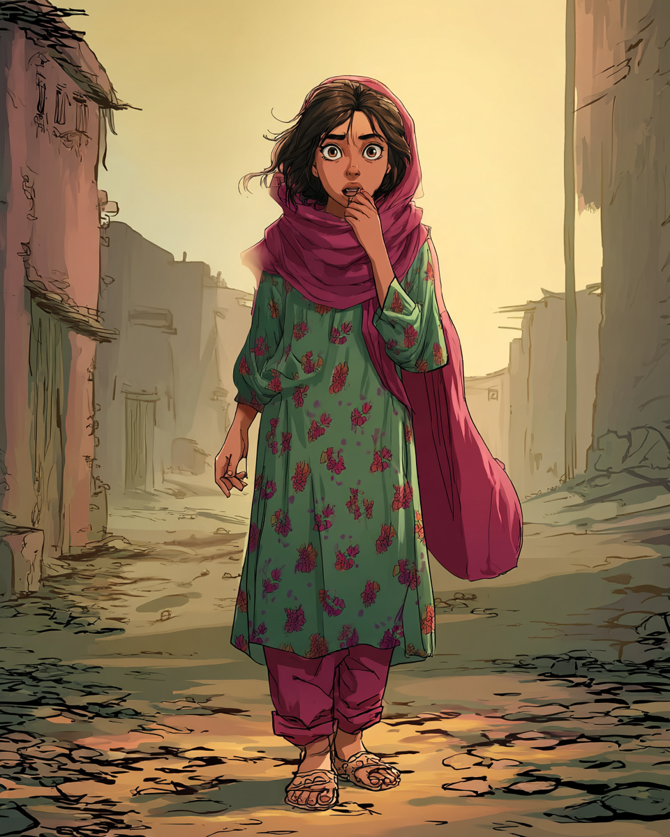 Aïda brengt haar hand naar haar gezicht terwijl ze naar de straat kijkt.