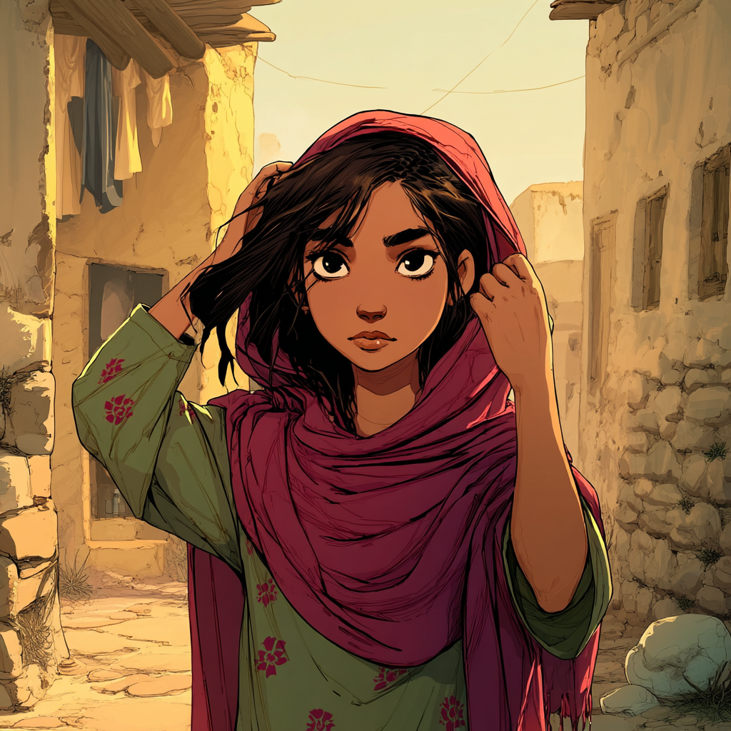 Aïda replace son voile sur ses cheveux.